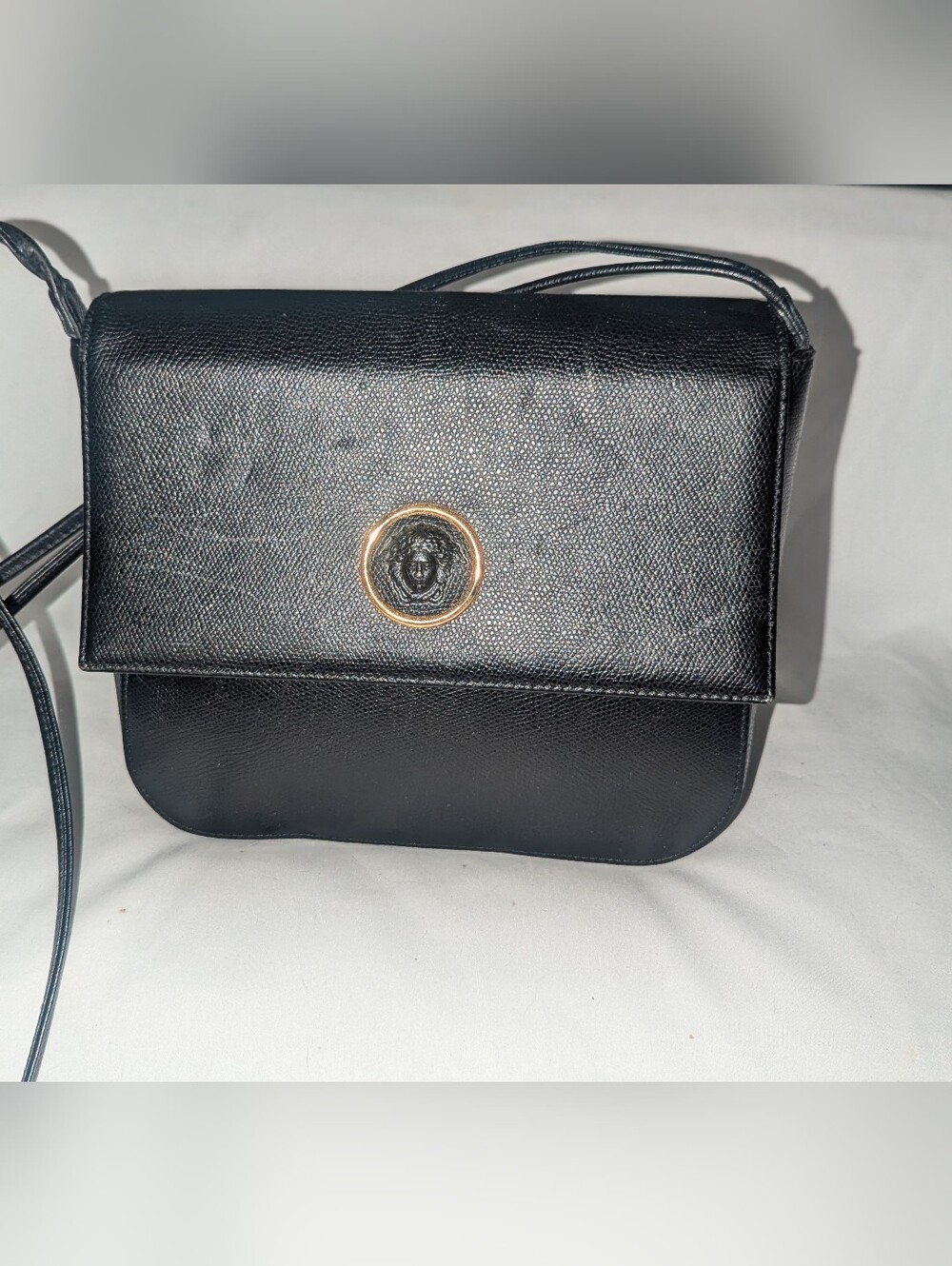 Vintage Gianni Versace Black Crossbody Bag with Gold Medusa Emblem